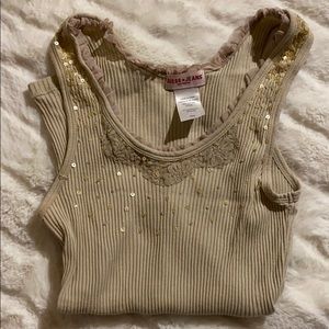 GUESS | tan ribbed tank top with sequin & lace